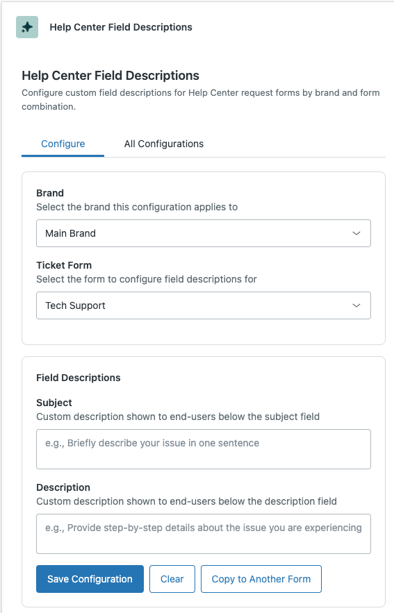 Help Center Field Descriptions — configured field guidance